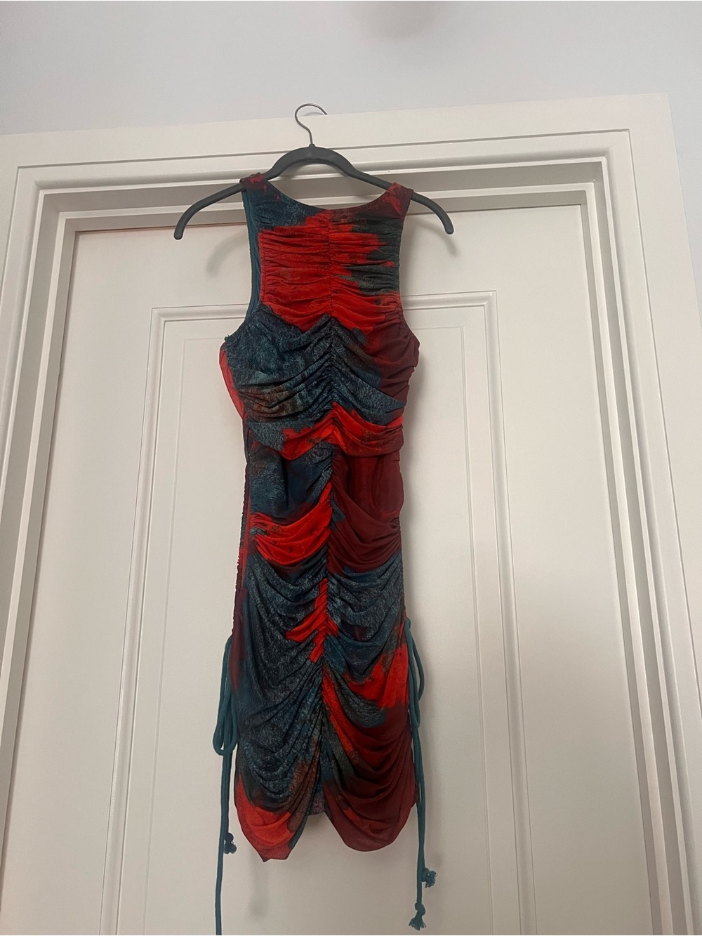 Andrea Iyamah Ruched Red and Teal Sleeveless Dress